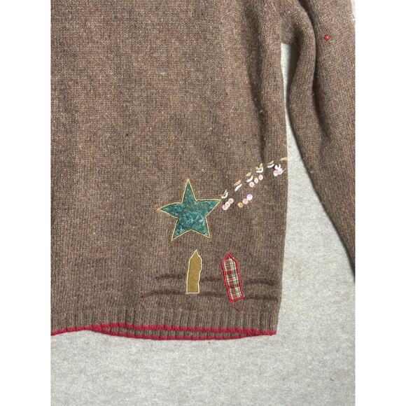 Christmas Sweater Cardigan Brown Wool Blend Plaid Collar Sz L Kikit Cottage Vtg - Picture 7 of 8